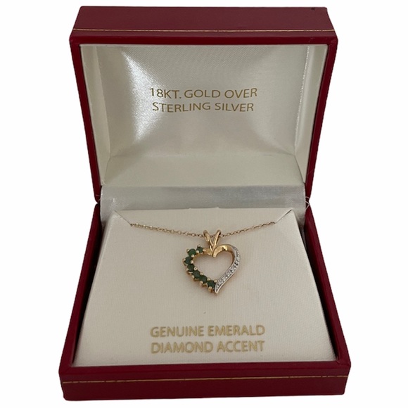 18KT Gold Genuine Emerald Diamond Heart Necklace - Picture 6 of 9